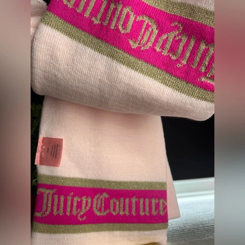 Juicy Couture Pink Gold Sparkle Hat Scarf Gloves 3pc Gift Set NWT